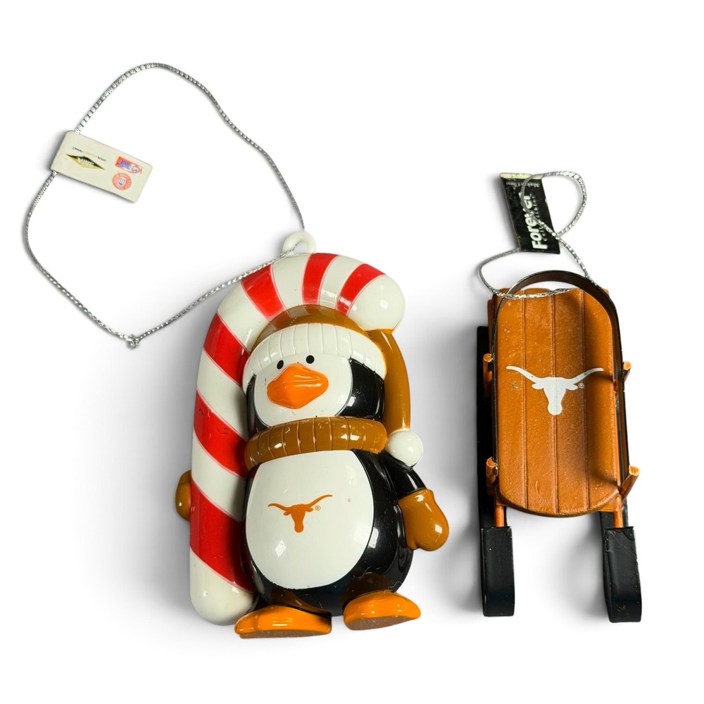 Texas Longhorns Forever Collectibles Penguin and Sled Christmas Ornaments Set